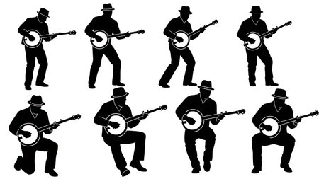 Black Solid Dixieland Banjo Silhouettes Set of Six on White Background isolated on plain white background.のイラスト素材