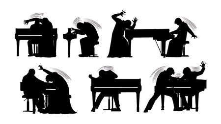 Black Solid Fast Playing Pianist Silhouettes Set of Six on White Background isolated on plain white background.のイラスト素材