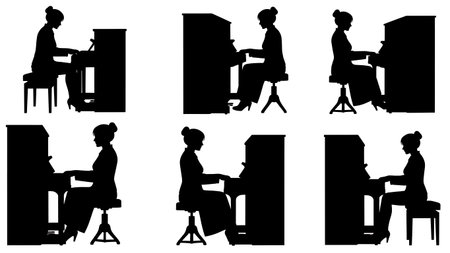 Black Solid Female Jazz Pianist Silhouettes Set of Six on White Background isolated on plain white background.のイラスト素材