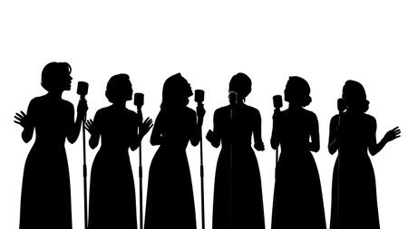 Black Solid Female Jazz Singer Silhouettes Set of Six on White Background isolated on plain white background.のイラスト素材