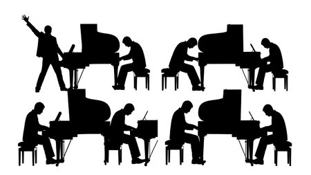 Black Solid Dueling Pianos Silhouettes Set of Six on White Background isolated on plain white background.のイラスト素材
