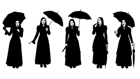 Black Solid Gothic Singer Umbrella Silhouettes Set of Six on White Background isolated on plain white background.のイラスト素材