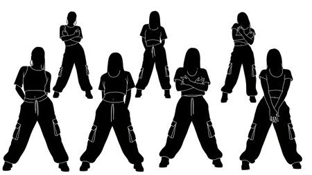 Black Solid Female Street Dance Pose Silhouettes Set of Six isolated on plain white background.のイラスト素材