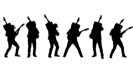 Black Solid Guitar Behind Head Silhouettes Set of Six on White Background isolated on plain white background.のイラスト素材