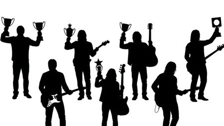 Black Solid Guitarist Award Winner Silhouettes Set of Six on White Background isolated on plain white background.のイラスト素材