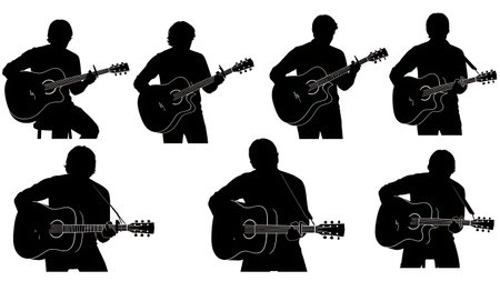 Black Solid Guitarist with Capo Silhouettes Set of Six on White Background isolated on plain white background.のイラスト素材
