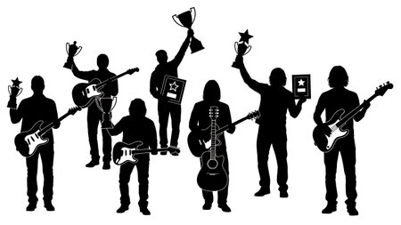 Black Solid Guitarist Award Winner Silhouettes Set of Six on White Background isolated on plain white background.のイラスト素材