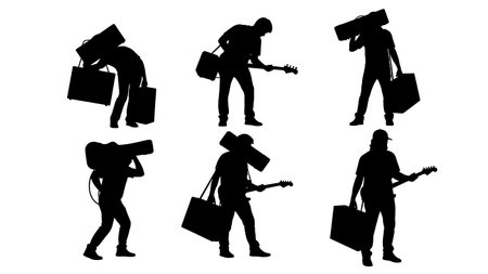 Black Solid Guitarist Carrying Amp Silhouettes Set of Six on White Background isolated on plain white background.のイラスト素材