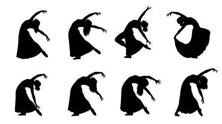 Black Solid Ballet Flic Flac Silhouettes Set of Six on White Background isolated on plain white background.のイラスト素材