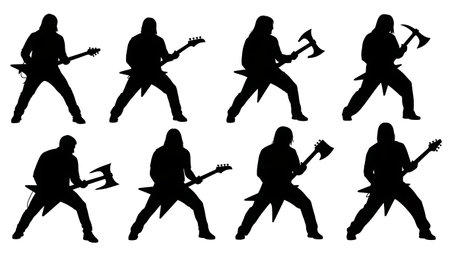 Black Solid Guitar Battle Pose Silhouettes Set of Six on White Background isolated on plain white background.のイラスト素材