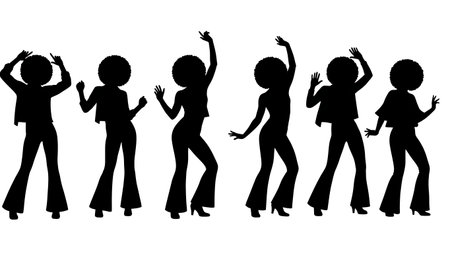 Black Solid Disco Diva Silhouettes Set of Six on White Background isolated on plain white background.のイラスト素材