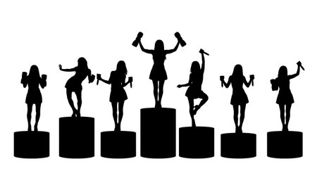 Black Solid Gogo Dancer Silhouettes Set of Six on White Background isolated on plain white background.のイラスト素材