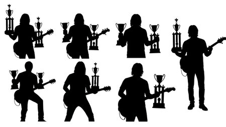 Black Solid Guitarist Award Winner Silhouettes Set of Six on White Background isolated on plain white background.のイラスト素材