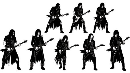 Black Solid Goth Rock Guitarist Silhouettes Set of Six on White Background isolated on plain white background.のイラスト素材