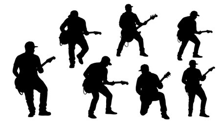 Black Solid Guitarist with Cap Silhouettes Set of Six on White Background isolated on plain white background.のイラスト素材