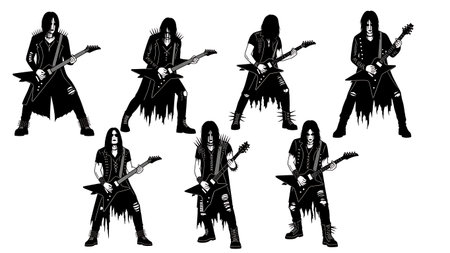 Black Solid Goth Rock Guitarist Silhouettes Set of Six on White Background isolated on plain white background.のイラスト素材