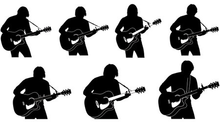 Black Solid Guitarist with Capo Silhouettes Set of Six on White Background isolated on plain white background.のイラスト素材