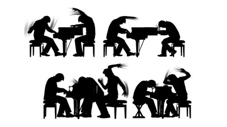 Black Solid Fast Playing Pianist Silhouettes Set of Six on White Background isolated on plain white background.のイラスト素材