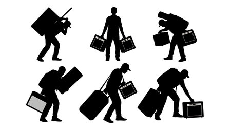 Black Solid Guitarist Carrying Amp Silhouettes Set of Six on White Background isolated on plain white background.のイラスト素材