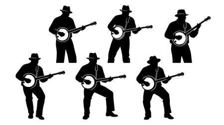 Black Solid Dixieland Banjo Silhouettes Set of Six on White Background isolated on plain white background.のイラスト素材