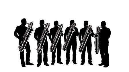 Black Solid Baritone Saxophone Player Silhouettes Set of Six on White Background isolated on plain white background.のイラスト素材