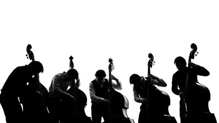 Black Solid Acoustic Bass Silhouettes Set of Six on White Background isolated on plain white background.のイラスト素材
