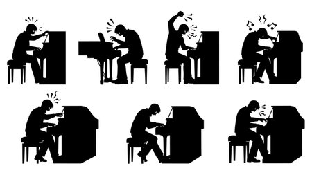 Black Solid Angry Pianist Silhouettes Set of Six on White Background isolated on plain white background.のイラスト素材