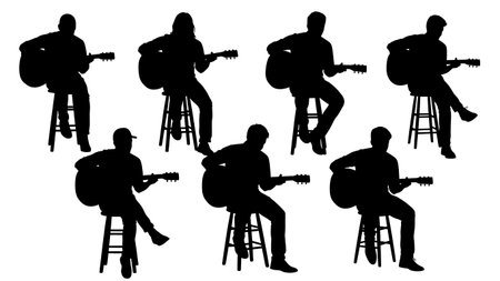 Black Solid Acoustic Guitar Player Silhouettes Set of Six on White Background isolated on plain white background.のイラスト素材