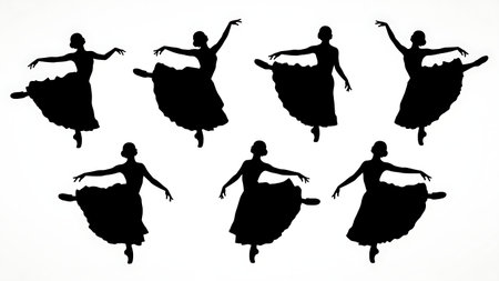 Black Solid Ballet Balance Waltz Silhouettes Set of Six on White Background isolated on plain white background.のイラスト素材