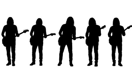 Black Solid Guitarist Eyes Closed Silhouettes Set of Six on White Background isolated on plain white background.のイラスト素材