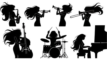 Black Solid Female Jazz Saxophone Silhouettes Set of Six on White Background isolated on plain white background.のイラスト素材