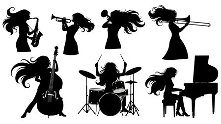 Black Solid Female Jazz Saxophone Silhouettes Set of Six on White Background isolated on plain white background.のイラスト素材