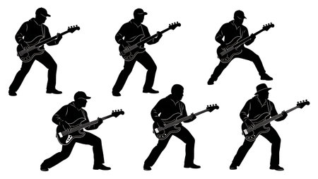 Black Solid Fusion Bass Player Silhouettes Set of Six on White Background isolated on plain white background.のイラスト素材