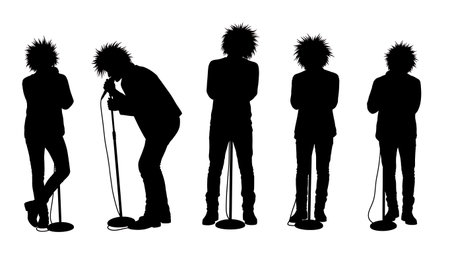 Black Solid Grunge Singer Leaning Silhouettes Set of Six on White Background isolated on plain white background.のイラスト素材