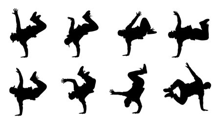 Black Solid Airflare Power Move Silhouettes Set of Six isolated on plain white background.のイラスト素材
