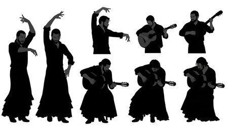 Black Solid Flamenco Guitarist Silhouettes Set of Six on White Background isolated on plain white background.のイラスト素材