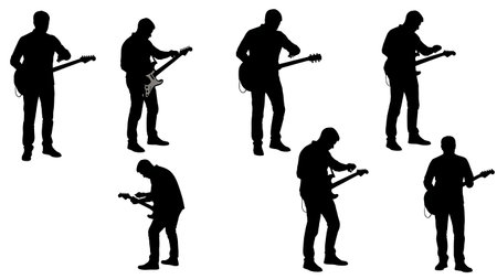 Black Solid Guitarist with Phone Silhouettes Set of Six on White Background isolated on plain white background.のイラスト素材