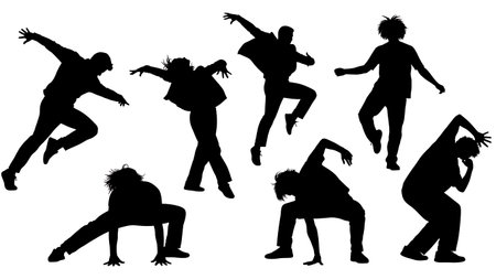 Black Solid Jazz Funk Street Pose Silhouettes Set of Six isolated on plain white background.のイラスト素材