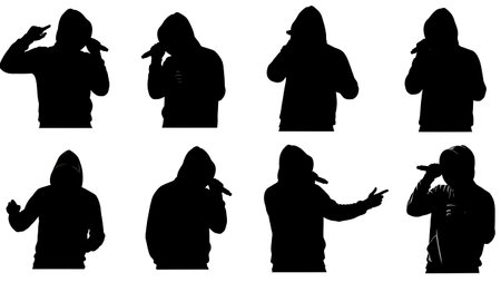 Black Solid Hoodie Singer Mystery Silhouettes Set of Six on White Background isolated on plain white background.のイラスト素材