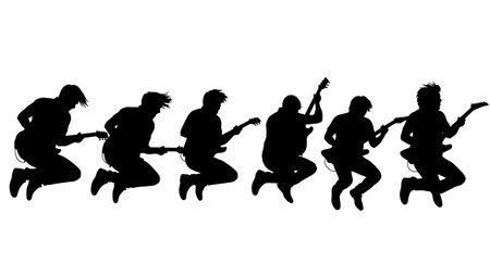 Black Solid Guitar Riser Jump Silhouettes Set of Six on White Background isolated on plain white background.のイラスト素材