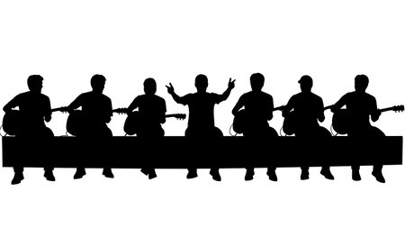 Black Solid Guitarist Stage Edge Silhouettes Set of Six on White Background isolated on plain white background.のイラスト素材
