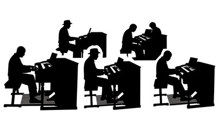 Black Solid Jazz Organist Silhouettes Set of Six on White Background isolated on plain white background.のイラスト素材