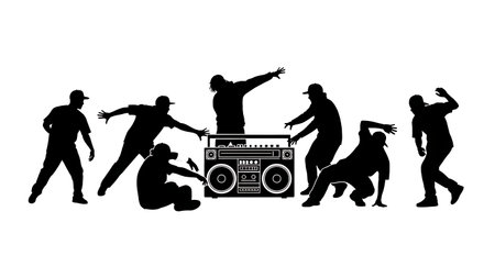 Black Solid Hip Hop Boombox Silhouettes Set of Six on White Background isolated on plain white background.のイラスト素材