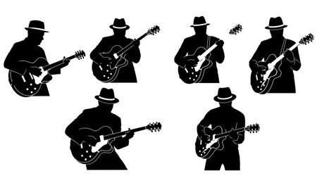 Black Solid Jazz Guitarist with Hats Silhouettes Set of Six on White Background isolated on plain white background.のイラスト素材