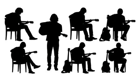 Black Solid Guitarist Resting Silhouettes Set of Six on White Background isolated on plain white background.のイラスト素材