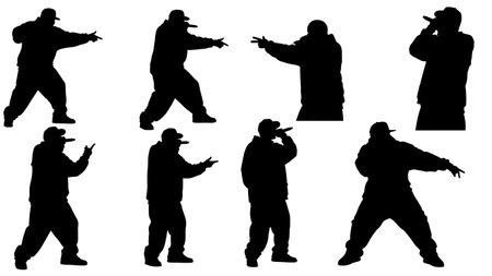 Black Solid Hip Hop Rapper Gestures Silhouettes Set of Six on White Background isolated on plain white background.のイラスト素材