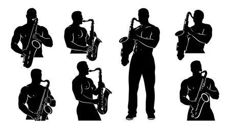 Black Solid Muscular Saxophone Player Silhouettes Set of Six on White Background isolated on plain white background.のイラスト素材