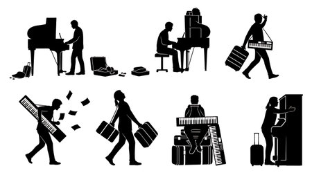 Black Solid Pianist With Suitcase Silhouettes Set of Six on White Background isolated on plain white background.のイラスト素材