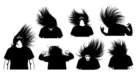Black Solid Headbanging Silhouettes Set of Six on White Background isolated on plain white background.のイラスト素材