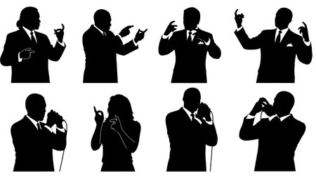 Black Solid Jazz Singer Snapping Silhouettes Set of Six on White Background isolated on plain white background.のイラスト素材